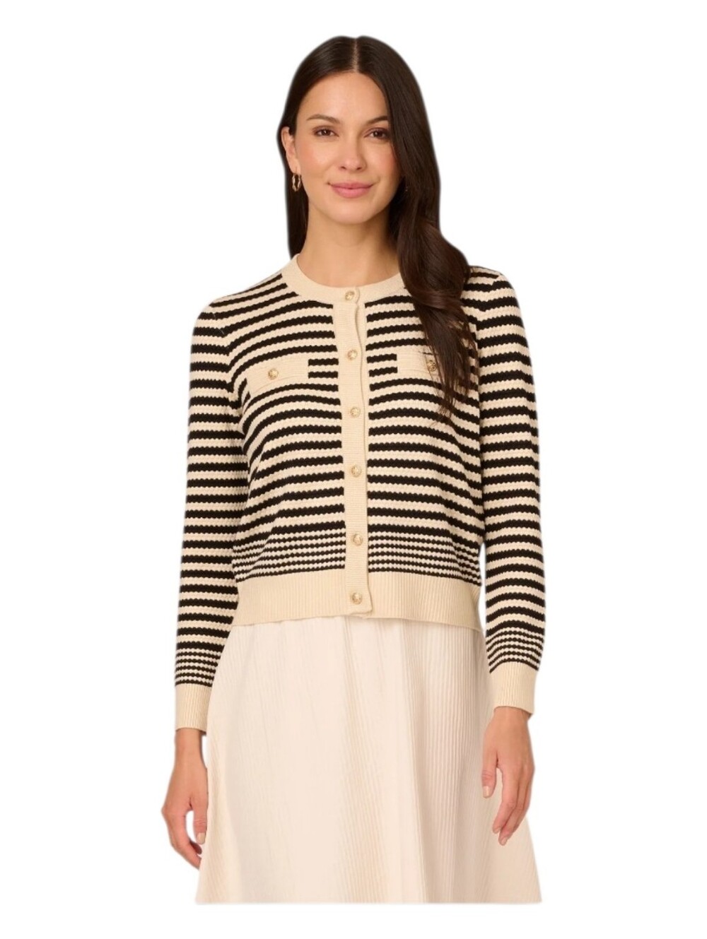 ADRIANNA PAPELL Striped Knit Cardigan Sweater Cream Black Gold Button L Elegant